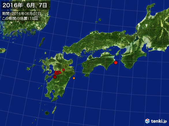 西日本・震央分布図(2016年06月07日)