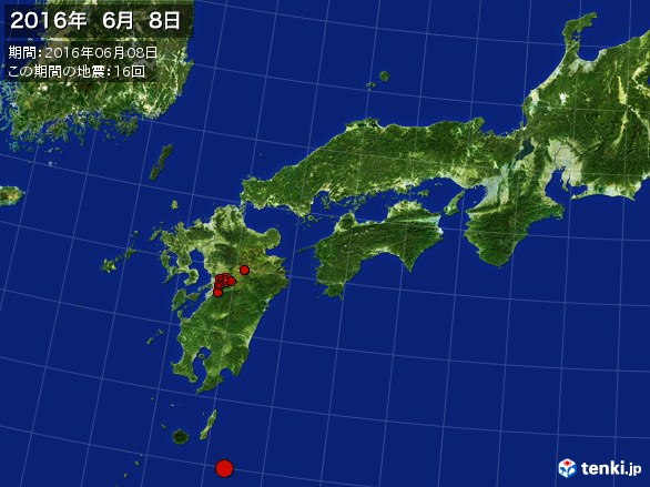 西日本・震央分布図(2016年06月08日)