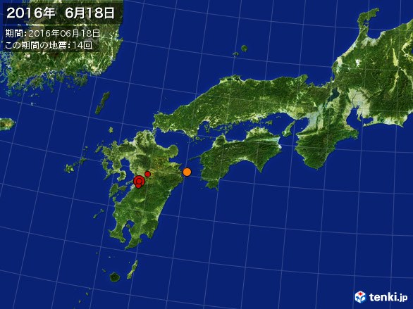 西日本・震央分布図(2016年06月18日)