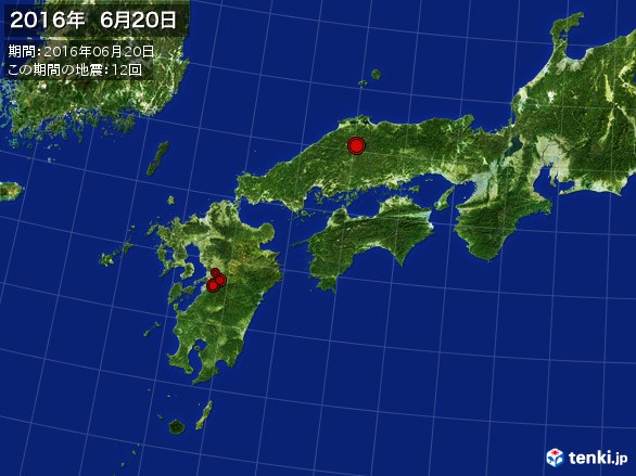 西日本・震央分布図(2016年06月20日)