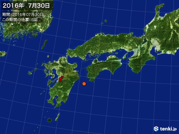 西日本・震央分布図(2016年07月30日)