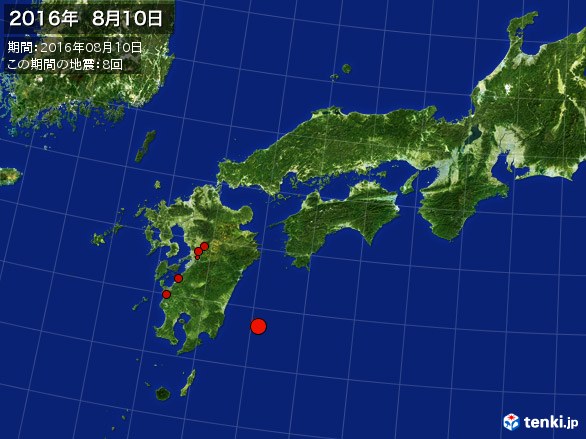 西日本・震央分布図(2016年08月10日)