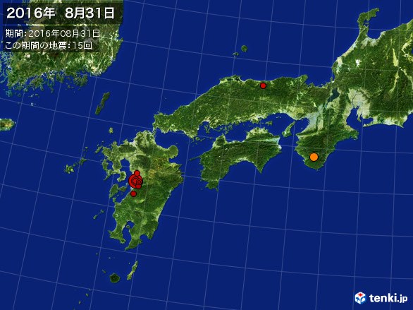 西日本・震央分布図(2016年08月31日)