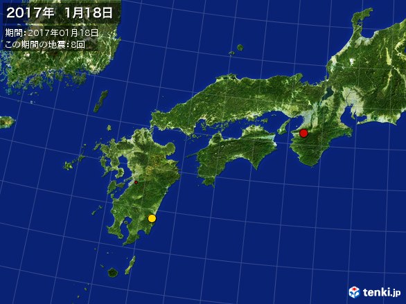 西日本・震央分布図(2017年01月18日)