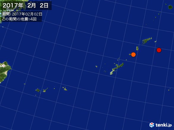 沖縄・震央分布図(2017年02月02日)