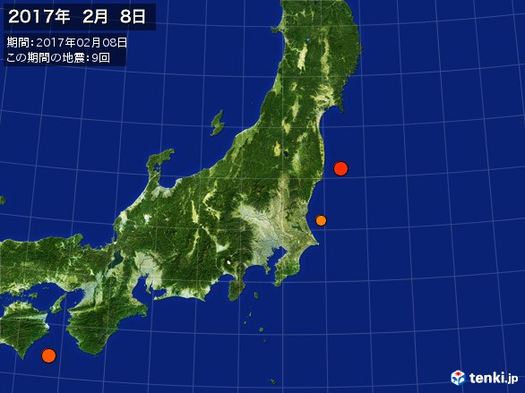 東日本・震央分布図(2017年02月08日)