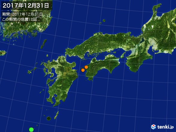 西日本・震央分布図(2017年12月31日)