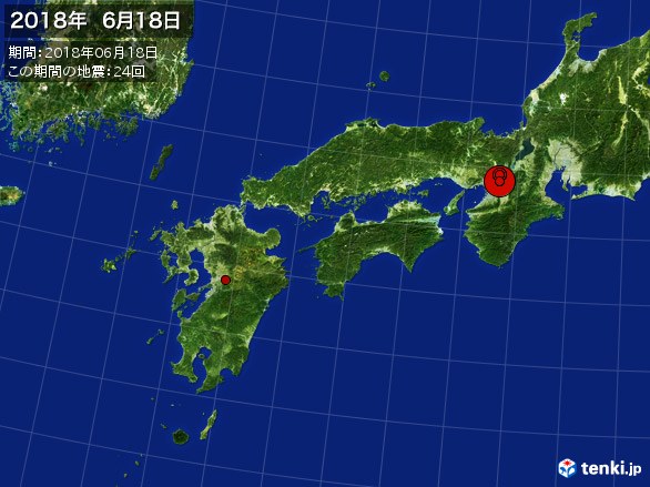 西日本・震央分布図(2018年06月18日)