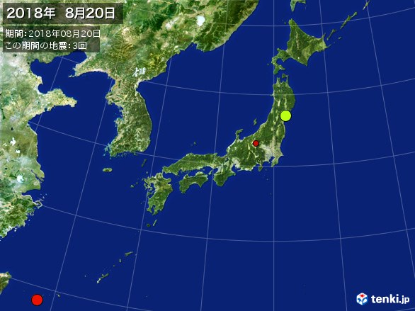 日本全体・震央分布図(2018年08月20日)