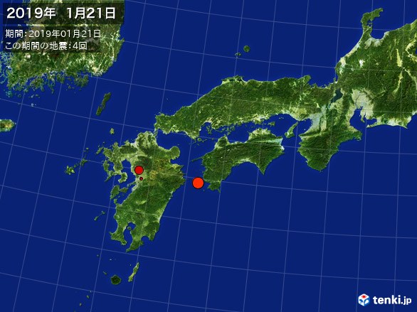 西日本・震央分布図(2019年01月21日)