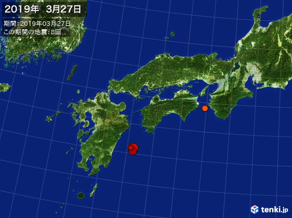 西日本・震央分布図(2019年03月27日)