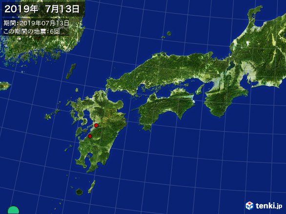 西日本・震央分布図(2019年07月13日)