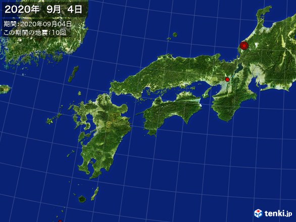 西日本・震央分布図(2020年09月04日)