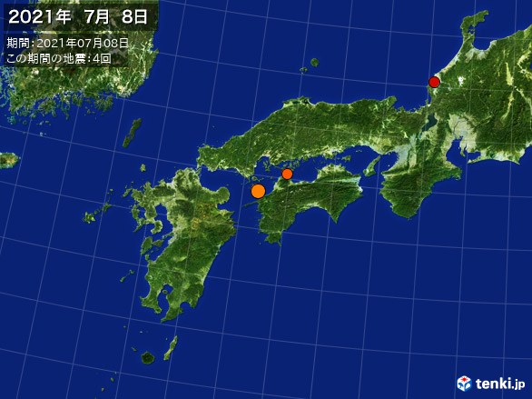 西日本・震央分布図(2021年07月08日)