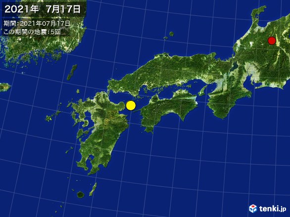 西日本・震央分布図(2021年07月17日)