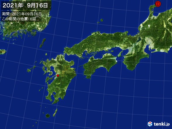 西日本・震央分布図(2021年09月16日)