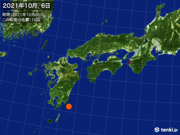 西日本・震央分布図(2021年10月06日)