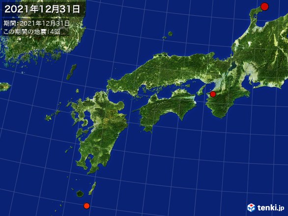 西日本・震央分布図(2021年12月31日)