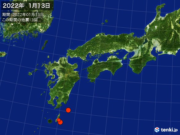 西日本・震央分布図(2022年01月13日)