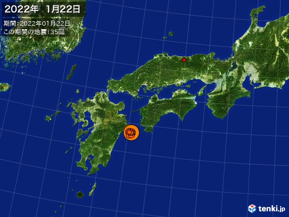 西日本・震央分布図(2022年01月22日)