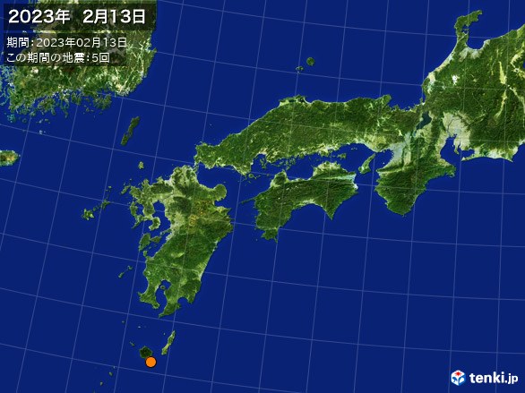 西日本・震央分布図(2023年02月13日)