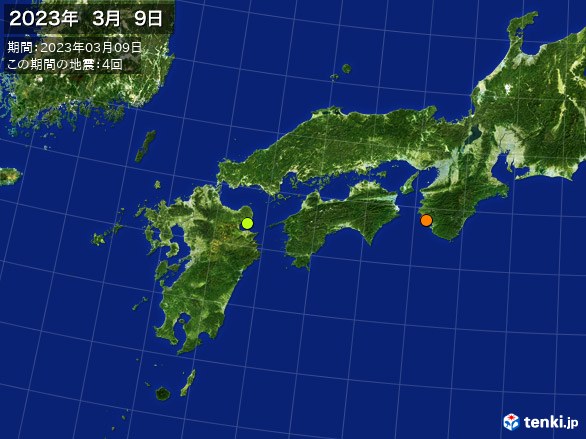 西日本・震央分布図(2023年03月09日)