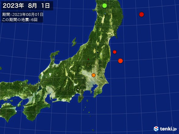 東日本・震央分布図(2023年08月01日)