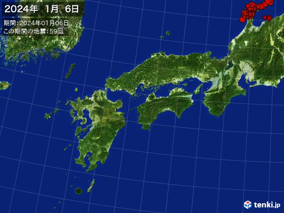西日本・震央分布図(2024年01月06日)