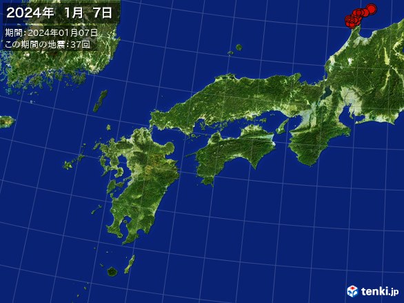 西日本・震央分布図(2024年01月07日)