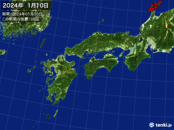 西日本・震央分布図(2024年01月10日)