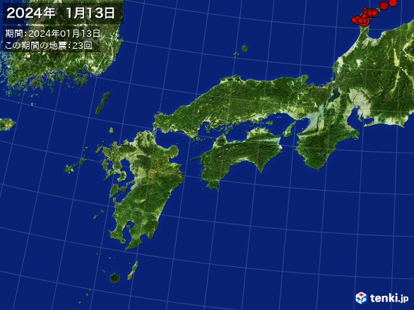 西日本・震央分布図(2024年01月13日)