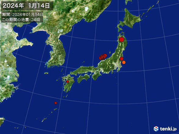 日本全体・震央分布図(2024年01月14日)