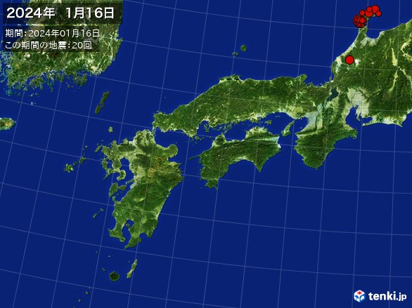西日本・震央分布図(2024年01月16日)