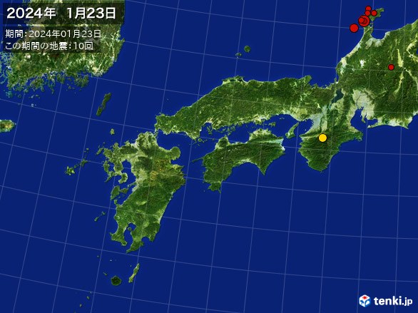 西日本・震央分布図(2024年01月23日)