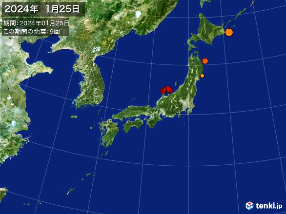 日本全体・震央分布図(2024年01月25日)