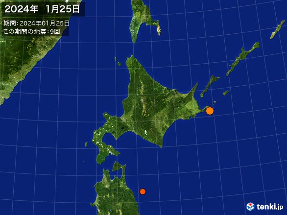 北日本・震央分布図(2024年01月25日)