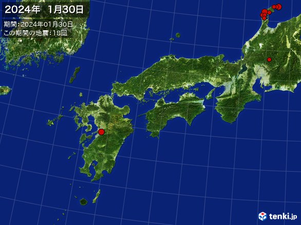 西日本・震央分布図(2024年01月30日)