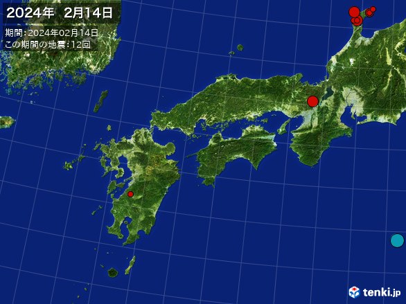西日本・震央分布図(2024年02月14日)