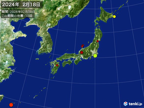日本全体・震央分布図(2024年02月18日)