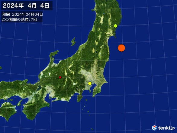 東日本・震央分布図(2024年04月04日)