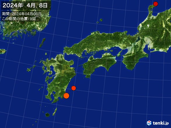 西日本・震央分布図(2024年04月08日)