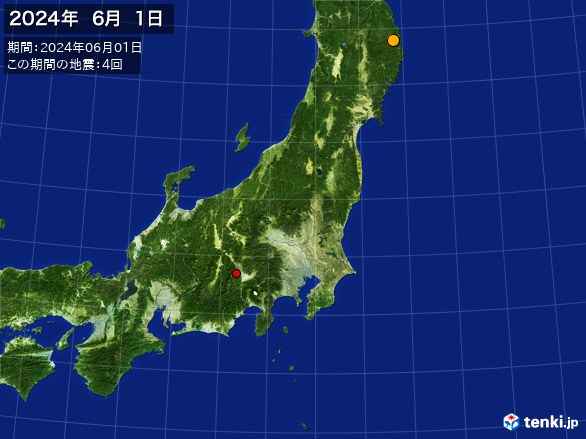 東日本・震央分布図(2024年06月01日)