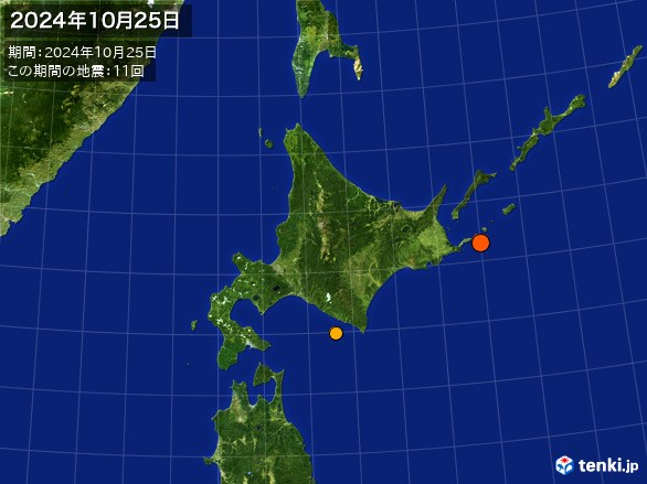 北日本・震央分布図(2024年10月25日)