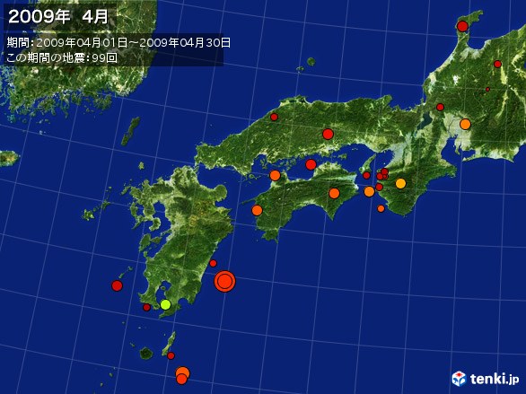 西日本・震央分布図(2009年04月)