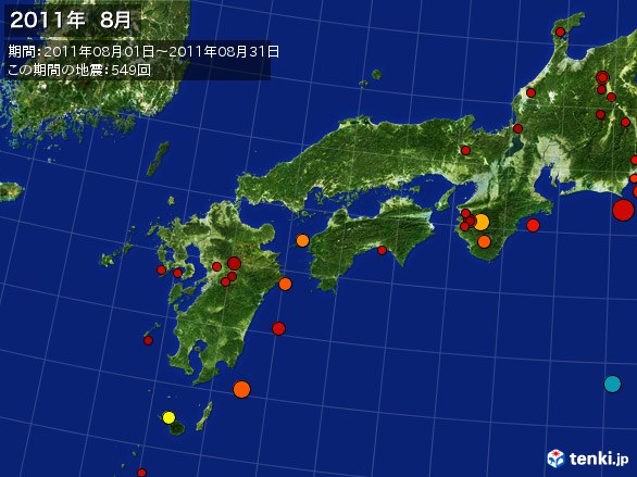 西日本・震央分布図(2011年08月)