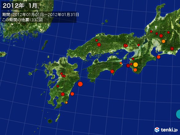 西日本・震央分布図(2012年01月)