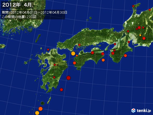 西日本・震央分布図(2012年04月)