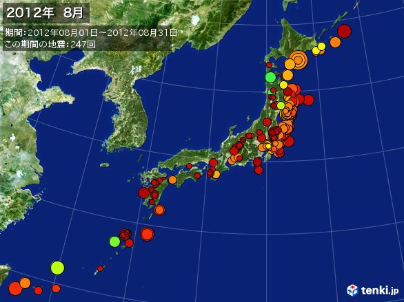 日本全体・震央分布図(2012年08月)