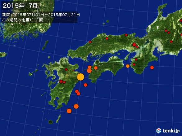 西日本・震央分布図(2015年07月)