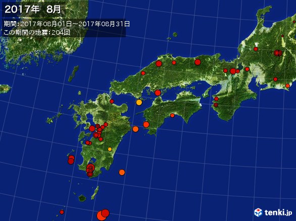 西日本・震央分布図(2017年08月)